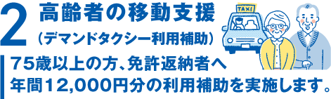 2.高齢者の移動支援(デマンドタクシー利用補助)
75歳以上の方、免許返納者へ年間12,000円分の利用補助を実施します。